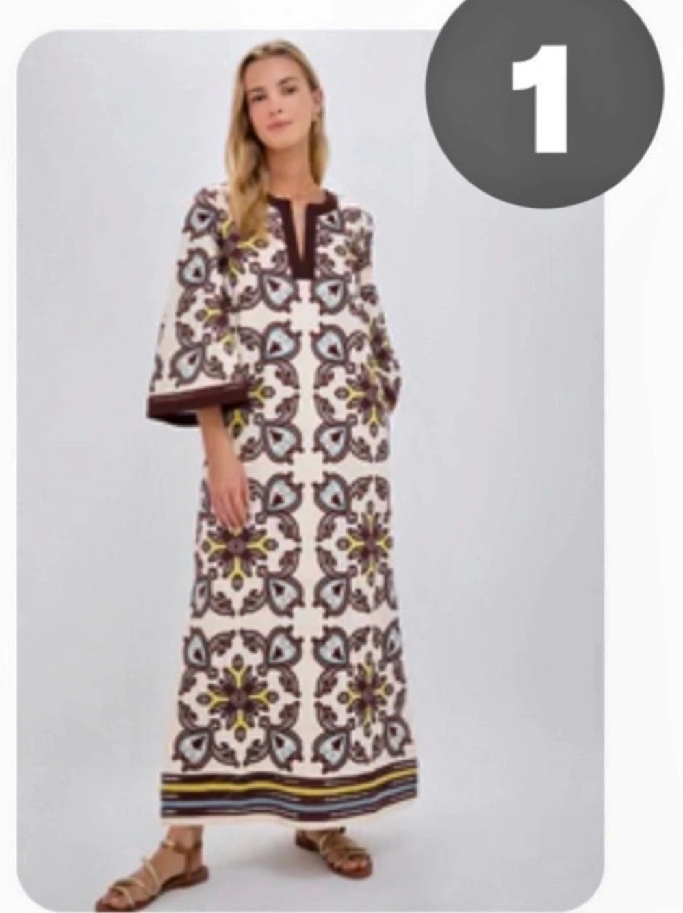 Tuckernuck Lorena Caftan Paisley Maxi Dress Cream & Brown XXL Like New